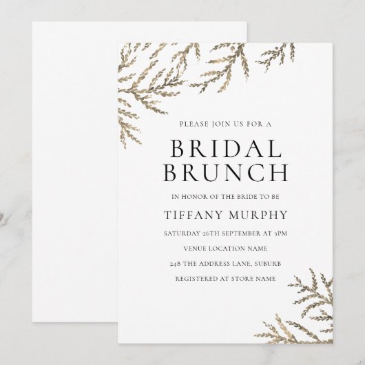 Modern Gold Leaf Elegant Bridal Brunch Uitnodiging (Voorkant / Achterkant)