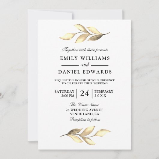 Modern Gold Leaf Elegant Wedding Invite Kaart (Voorkant)