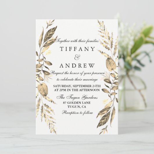 Modern Gold Leaf Fern Wreath Wedding Invite Kaart (Staand voorkant)