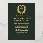 Modern Gold Leafy Crest Monogram Foto Weddenschap Folie Uitnodiging (Voorkant)