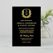 Modern Gold Leafy Crest Monogram Foto Weddenschap Folie Uitnodiging (Staand Voorkant)