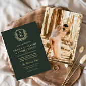 Modern Gold Leafy Crest Monogram Foto Weddenschap Folie Uitnodiging