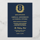 Modern Gold Leafy Crest Monogram Foto Weddenschap Folie Uitnodiging (Voorkant)