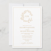 Modern Gold Leafy Crest Monogram Foto Weddenschap Kaart (Voorkant)