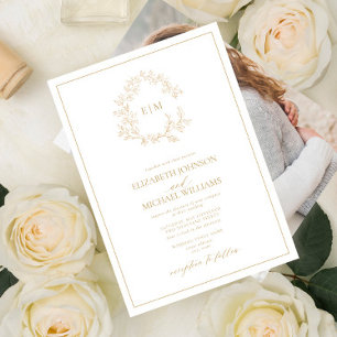 Modern Gold Leafy Crest Monogram Foto Weddenschap Kaart