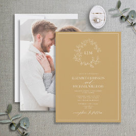 Modern Gold Leafy Crest Monogram Foto Weddenschap Kaart