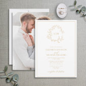 Modern Gold Leafy Crest Monogram Foto Weddenschap Kaart