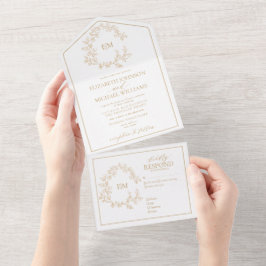 Modern Gold Leafy Crest Monogram Weddenschap All In One Uitnodiging