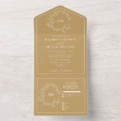 Modern Gold Leafy Crest Monogram Weddenschap All In One Uitnodiging (Binnen)