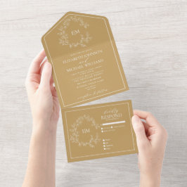 Modern Gold Leafy Crest Monogram Weddenschap All In One Uitnodiging