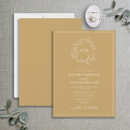 Modern Gold Leafy Crest Monogram Weddenschap Kaart