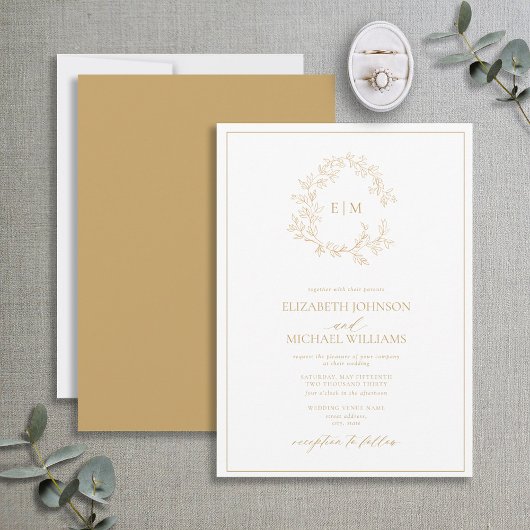 Modern Gold Leafy Crest Monogram Weddenschap Kaart