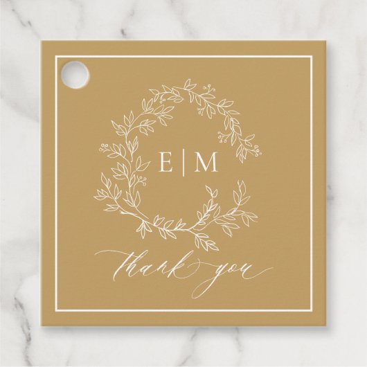 Modern Gold Leafy Crest Monogram Weddenschap Label (Voorkant)