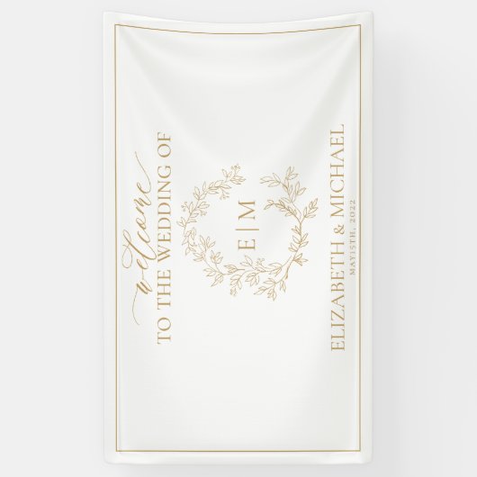 Modern Gold Leafy Crest Monogram Weddenschap Spandoek (Verticaal)