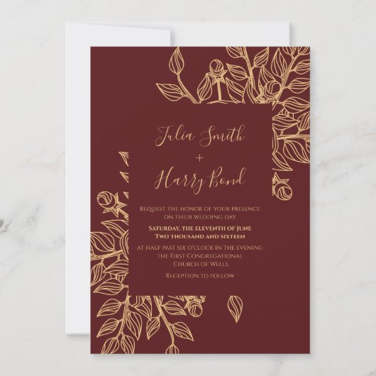 Modern Gold Leaves Burgundy Wedding Invitation Kaart (Voorkant)