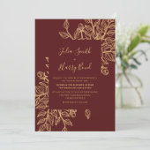 Modern Gold Leaves Burgundy Wedding Invitation Kaart (Staand voorkant)