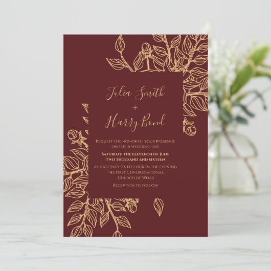 Modern Gold Leaves Burgundy Wedding Invitation Kaart (Staand voorkant)