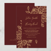 Modern Gold Leaves Burgundy Wedding Invitation Kaart (Voorkant / Achterkant)