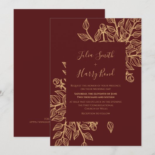 Modern Gold Leaves Burgundy Wedding Invitation Kaart (Voorkant / Achterkant)