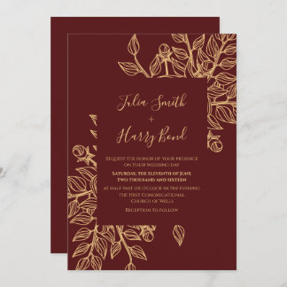 Modern Gold Leaves Burgundy Wedding Invitation Kaart