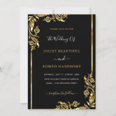 Modern Gold Leaves Framed Black Wedding Invitation (Voorkant)
