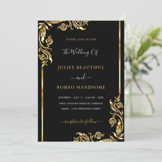 Modern Gold Leaves Framed Black Wedding Invitation (Staand voorkant)