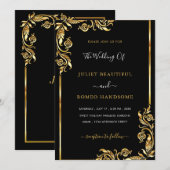Modern Gold Leaves Framed Black Wedding Invitation (Voorkant / Achterkant)