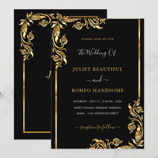 Modern Gold Leaves Framed Black Wedding Invitation (Voorkant / Achterkant)
