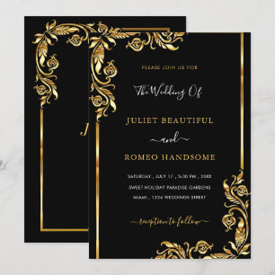 Modern Gold Leaves Framed Black Wedding Invitation