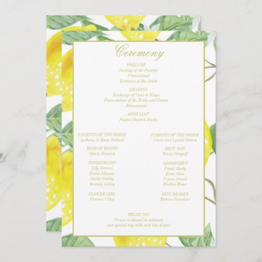 Modern Gold Lemon Wedding Programmakaart (Voorkant / Achterkant)