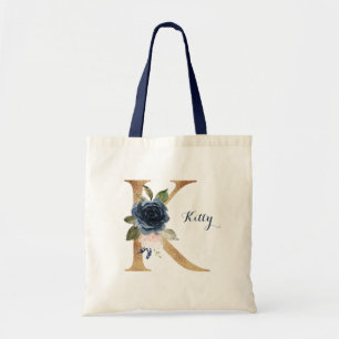 Modern Gold Letter K Floral Glitter op maat Tote Bag