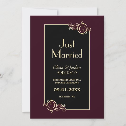 Modern Gold Lijst Black Burgundy net getrouwd Aankondiging (Voorkant)