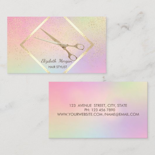 Modern Gold Lijst, Confetti, Scissors Holographic Visitekaartje (Voorkant / Achterkant)
