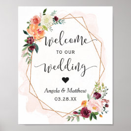 Modern Gold Lijst Floral Wedding Welkom Poster