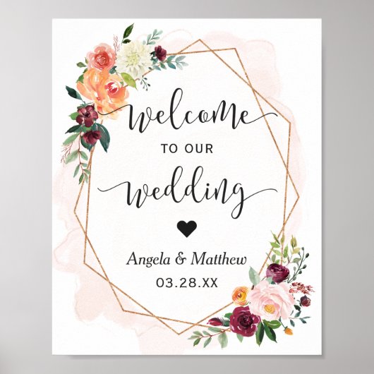 Modern Gold Lijst Floral Wedding Welkom Poster (Voorkant)