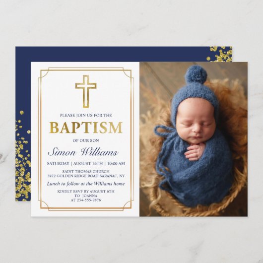 Modern Gold Lijst Glitter Navy Blue Baptism Foto Kaart (Voorkant / Achterkant)