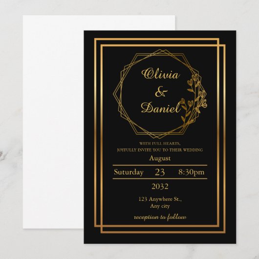 Modern Gold Lijst huwelijksuitnodiging op zwart Kaart (Voorkant / Achterkant)