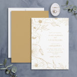 Modern Gold Line Art Floral Wedding Invitation Kaart<br><div class="desc">Op zoek naar een huwelijksuitnodiging die echt opvalt? Dan is ons moderne goudlijnkunstontwerp voor de bloemetjesbruiloft de perfecte keuze. Dit verbluffende ontwerp heeft alle elegantie van een klassieke bruiloft, maar met genoeg unieke details om het speciaal te maken. De prachtige gouden handgetekende lijnkunstfloralen brengen een lui, rustisch gevoel mee, terwijl...</div>