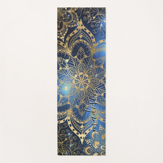 Modern Gold Mandala Blue Nebula Custom Name Yogamat (Voorkant)