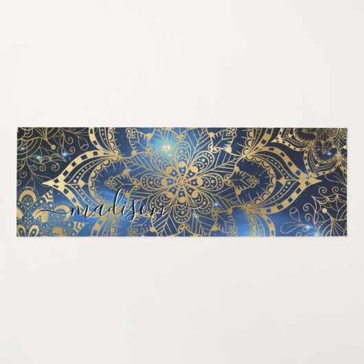 Modern Gold Mandala Blue Nebula Custom Name Yogamat (Voorkant (horizontaal))