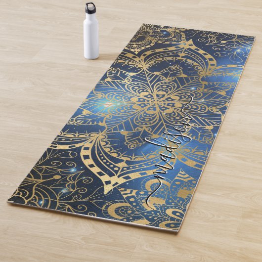 Modern Gold Mandala Blue Nebula Custom Name Yogamat (In situ)
