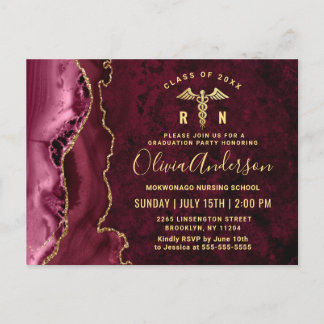 Modern Gold Maroon RN Graduation Party Invitation Briefkaart