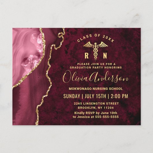Modern Gold Maroon RN Graduation Party Invitation Briefkaart (Voorkant)