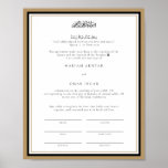 Modern Gold Marriage Certificate Wedding Keepslag Poster<br><div class="desc">Op dit elegante islamitische huwelijkscertificaat staan de woorden "En Allah plaatste liefde en genade tussen hen" in zwarte tekst op een witte achtergrond. Deze persoon werd gepersonaliseerd met alle details en werd vervolgens op de dag van het prachtige evenement bijgewoond en ondertekend door de ambtenaar. Een mooi en doordacht geschenk...</div>