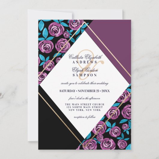 Modern Gold Mauve Black Flowers Waterverf Wedding Kaart (Voorkant)