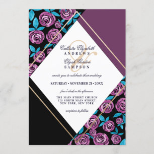 Modern Gold Mauve Black Flowers Waterverf Wedding Kaart