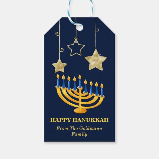 Modern Gold Menorah en Star Happy Hanukkah Cadeaulabel (Voorkant)