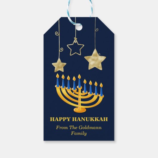Modern Gold Menorah en Star Happy Hanukkah Cadeaulabel (Achterkant)