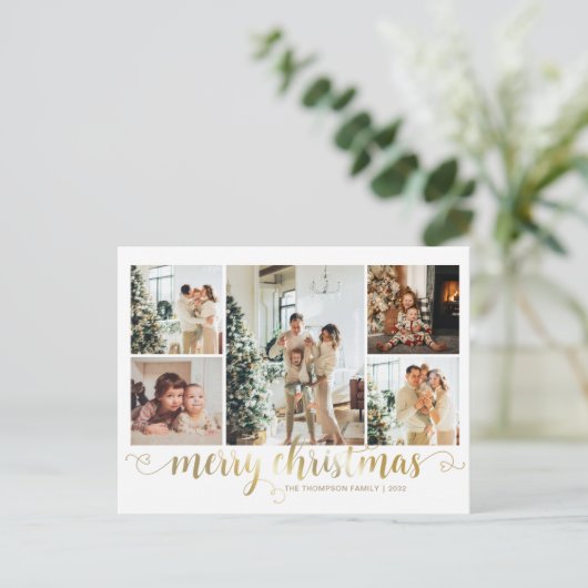 Modern Gold Merry Christmas Heart Script 5 Foto Feestdagenkaart (Staand voorkant)