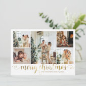 Modern Gold Merry Christmas Heart Script 5 Foto Feestdagenkaart (Staand voorkant)